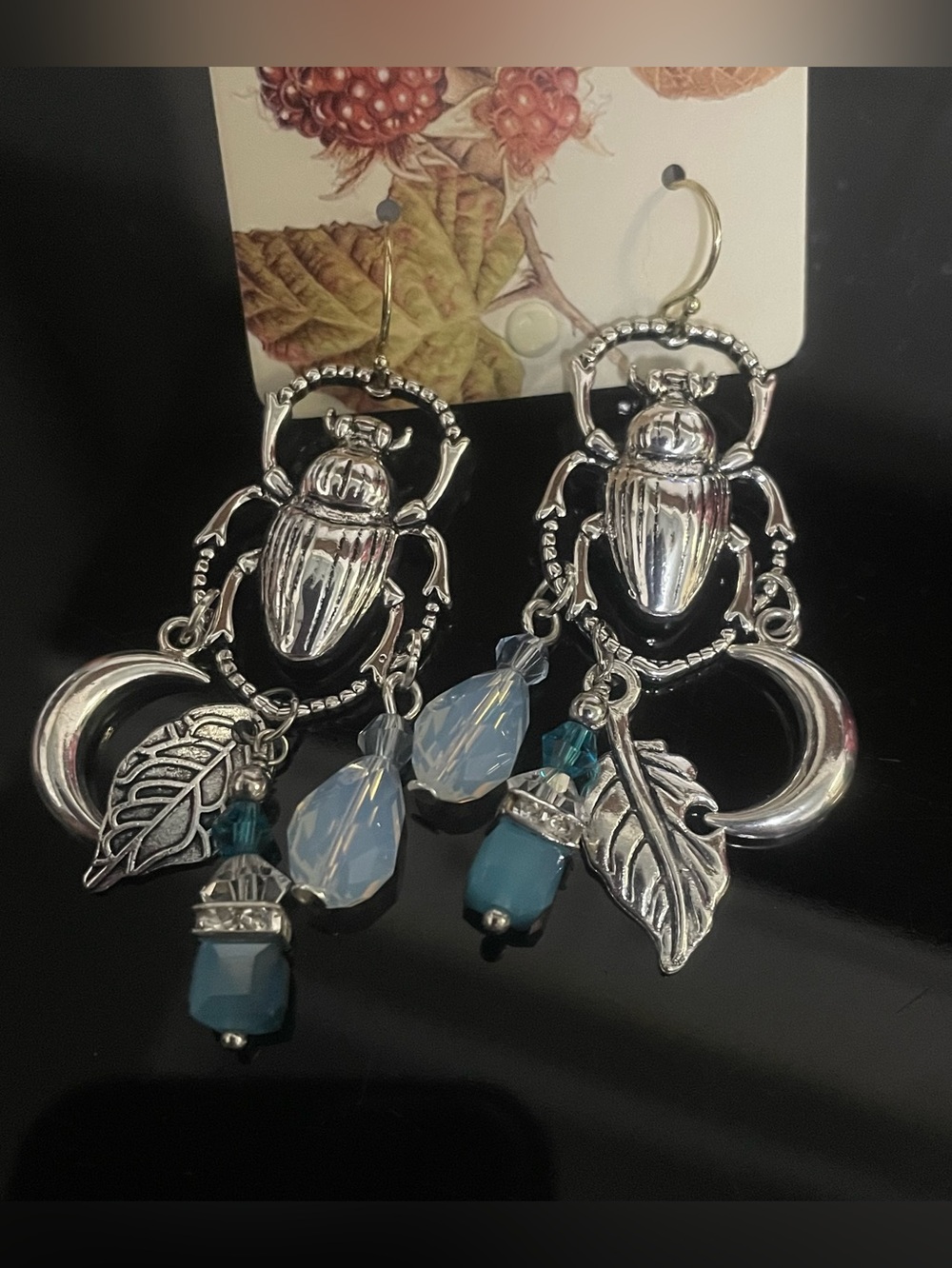 Silver Scarab Dangle Earrings with Blue Beads - Women Jewelry